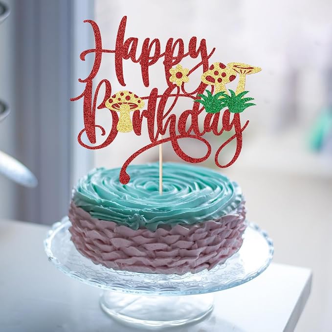 Mushroom Cake Topper- Glitter Mushroom Birthday Cake Toppers,Mushrooms and flowers in spring,Baby Shower Boy Girl Birthday Party Decoration Supplies