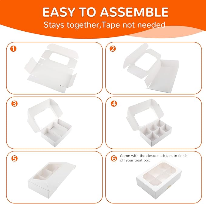 Zealax Bakery Boxes with Window and Dividers Cookie Packaging Small Treats for Gift Giving, Macaron Treat Boxes for Mini Cupcakes, Chocolate Covered Strawberries, White, 30 Pack, 9x6x2.5 Inch
