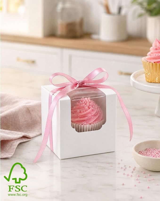 Bakepacker Auto-pop up Cupcake Boxes 100-Packs Individual Cupcake Container White 3.5" x 3.5" x 3.5" Single Cupcake Boxes