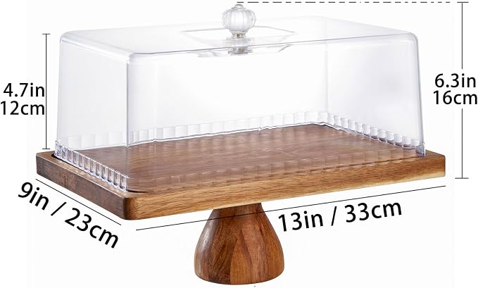 LiTY Cake Stand with Lid, 13″ Rectangular Multi-Functional Cake Holder, Acacia Solid Wood 2-in-1 Dessert Table Display Set, Charcuterie Board for Cheese ,Fruit Platter, Large Acrylic Cake Dome Cover