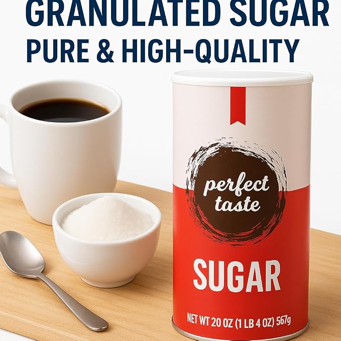 Perfect Taste Granulated Sugar – 20 oz Sugar Canister – Pure White Sugar for Coffee, Tea, Baking & Office Use – Easy-Pour Packaging