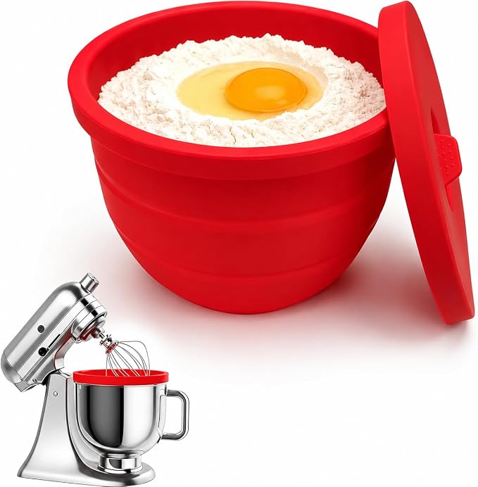 Silicone Mixing Bowl Liners Compatible with KitchenAid 5Qt Tilt-Head Stand Mixer, Food Grade Collapsible Bowl Inserts with Airtight Lids, Foldable & Reusable Mixer Accessories for Baking，Red