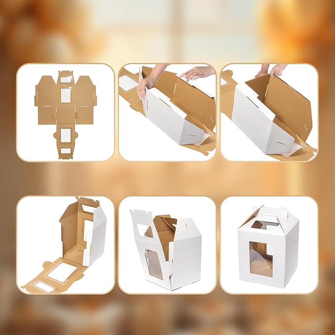 Wowxyz 3 Pack Tall Cake Boxes 14x14x16 Inches with Cake Board - Large Disposable Layer Baking Carrier Tier Bakery Take Out Transport Containers With Window for Wedding, Birthday, Party White
