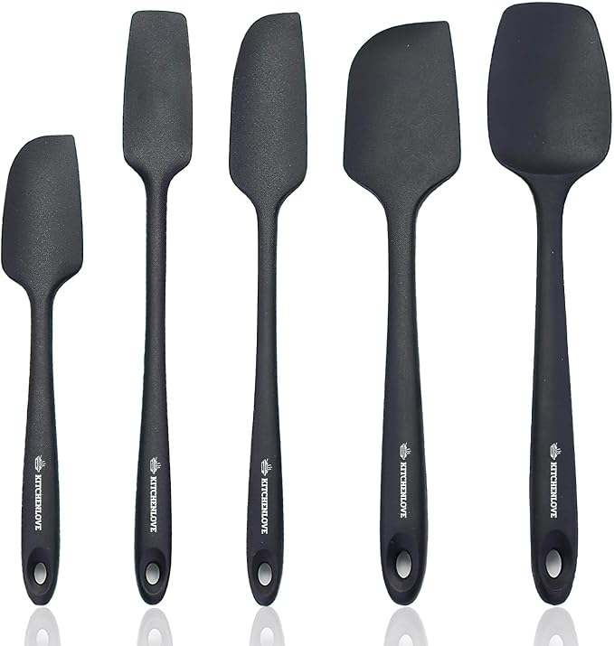 KITCHENLOVE Premium 600°F Heat Resistant 5 Piece Silicone Spatula Set for Baking, Cooking, Mixing - Non-Stick with High Grade S-Iron Steel Core - One Piece Seamless Design - BPA Free (Black)