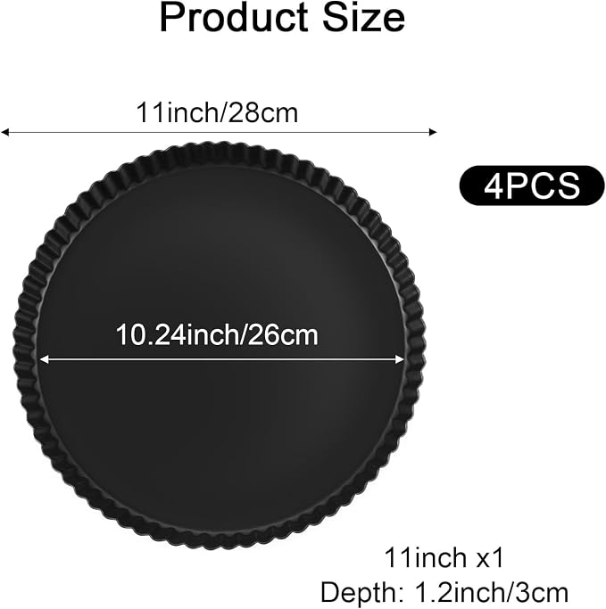 11 Inch Tart Pan with Removable Bottom, Non-Stick Pie Pan for Baking, Carbon Steel Quiche Baking Dish for Mousse Cakes, Fruit Desserts (Set of 4)