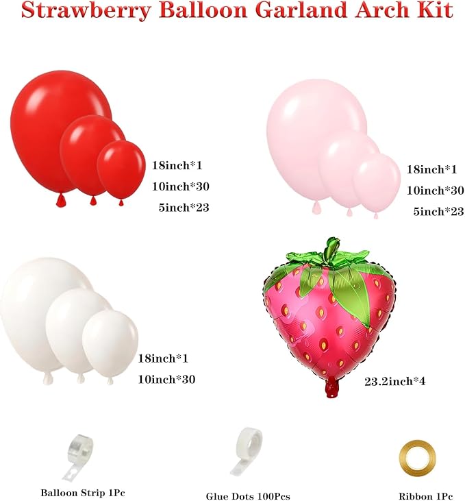 Strawberry Balloon Garland Arch Kit, 143pcs Red Pink and White Balloons with Strawberry Foil Balloons for Sweet Girl Berry First Baby Shower Birthday Party Decorations