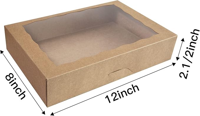 ONE MORE 15-Pack Brown Pastry Box12x8x2.5inch,Large Bakery Cookie Box for Donuts,Muffins with Window Lid - Auto-Pop up Paper Box Doughnut Cardboard Chocolate Strawberries Treat Boxes,Pack of 15