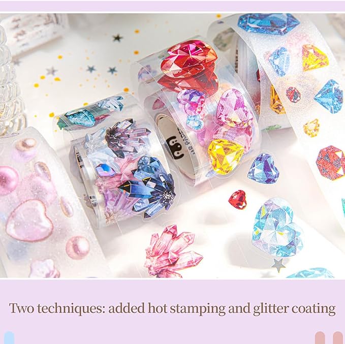 Tape Stickers for Journaling, 4 Rolls Pre Cut Brilliant Gem Series Single Scrapbook Stickers, PET Washi Tape Stickers, Decorative PET Tapes Set for Planner DIY Crafts and Gift Wrapping