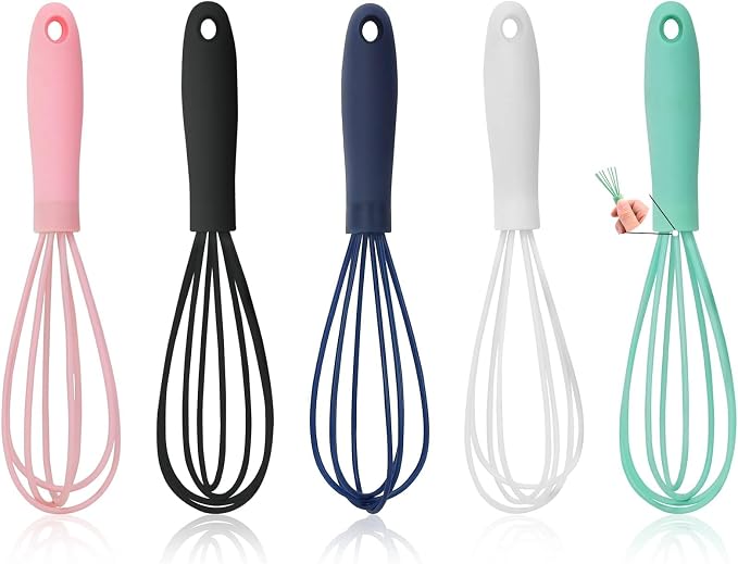 5 Pcs Silicone Mini Whisk - Stainless Steel Dough Whisk, Non Stick Hand Tiny Balloon Wire Whisk, Milk Egg Frother for Blending, Whisking, Beating, Stirring, Baking