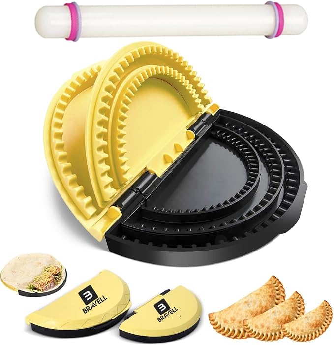 3-in-1 Tortilla Sealer, Tortilla Crimper Includes Free Rolling Pin – Adjustable and Removable 6, 8 & 10 Inch Plates for Burritos, Tacos, Quesadillas, Dumplings & Sandwiches – Yellow & Black
