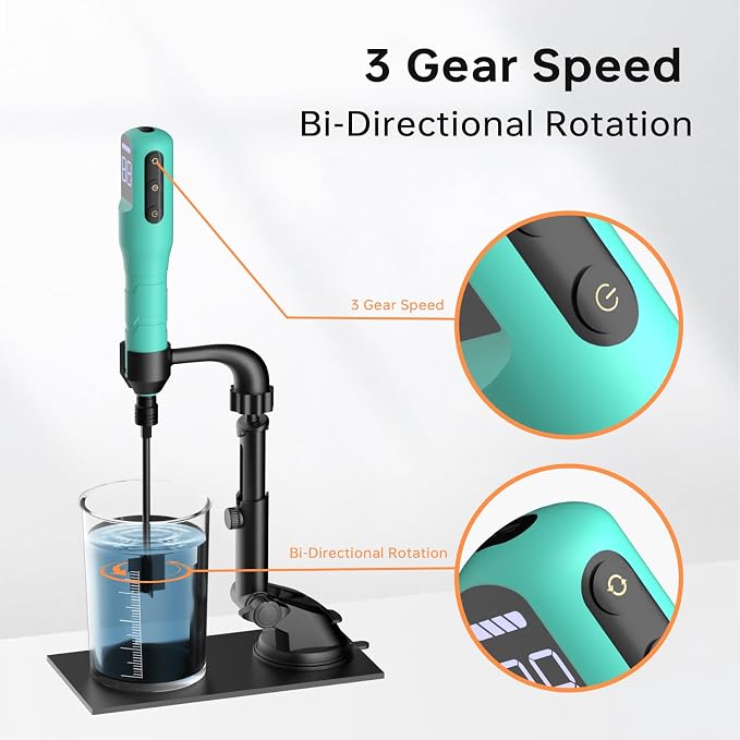 Rechargeable Resin Mixer with Stand | 3 Speeds Control | Timed Stop Function | 4 Electric Stirrer Paddles for Epoxy Resin, Silicone, Paint Mixing, Soap Making, Resin Tools, DIY Crafts (Light Green)