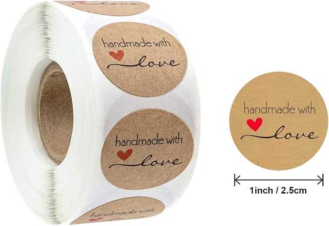 Handmade Stickers Rolls - 4 Rolls 2000 Pieces Handmade with Love Stickers Labels for Envelopes, Bubble Mailers Gift Bags Packaging Party Wrap Decor, 1 Inch，500 Pieces Each Roll