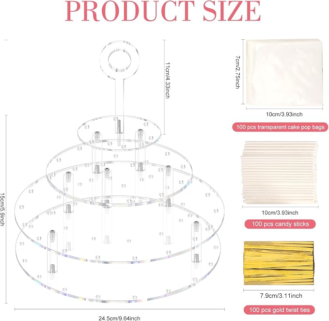 3 Tier Acrylic Lollipop Stand with Handle, 36-Hole Clear Cake Pop Holder with 100 Sticks, 100 Wrappers, 100 Gold Twist Ties, Candy Dessert Display Rack for Weddings, Birthday Parties, Baby Showers
