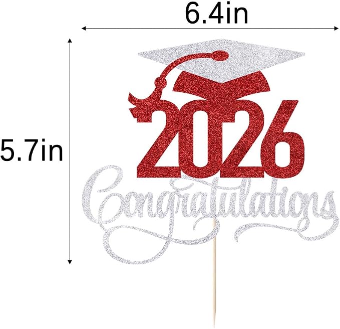 Silver-red 2026 Congratulations Graduation Cake Topper,Congrats Grad Cake Decor - 2026 High School/College/Senior Graduation Party Decorations Supplies