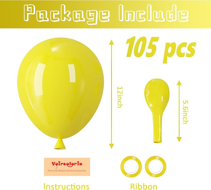 Voircoloria 105pcs Yellow Balloons 12inch Party Latex Balloons for Boys Girls Birthday Baby Shower Gender Reveal Wedding Sunflower Party Decorations