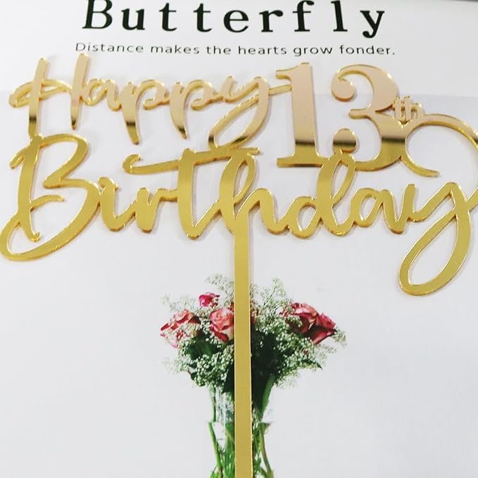 Happy 13 th birthday cake Topper,Mirrored Gold Acrylic Durable Cake Topper,13th Birthday Party Cake Decorations, Hello 13th years old, Happy thirteen years old, Birthday Party Decorations