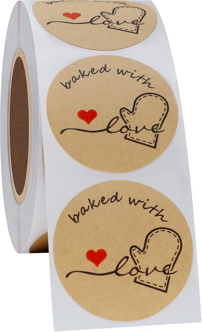 Hybsk Rustic Baked with Love Stickers with Wreath Around 1.5" Inch Round Total 500 Adhesive Labels Per Roll(Kraft)