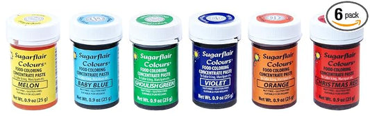 Sugarflair Rainbow Set of Food Coloring Concentrate Paste, 25 Grams Each of 6 Colors: Baby Blue, Christmas Red, Ghoulish Green, Melon, Orange & Violet (Total 150 Grams)
