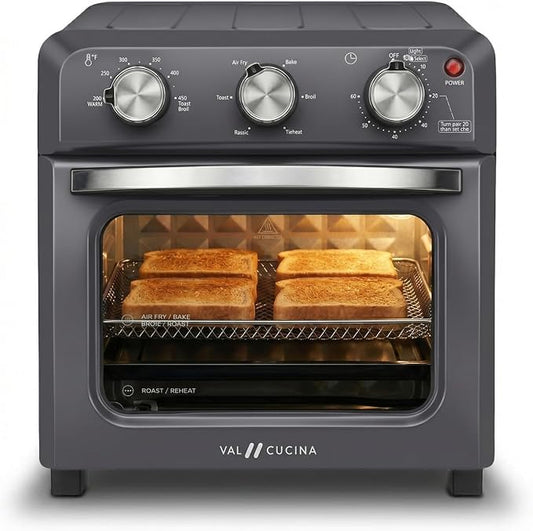 VAL CUCINA 6-in-1 Retro Air Fryer Toaster Oven Combo, Compact 12.7 QT Small Countertop Convection Oven, Fits 9" Pizza & 4 Toast, Hexagon Hybrid Heating, Enamel Baking Pan Included, Dark Grey Color