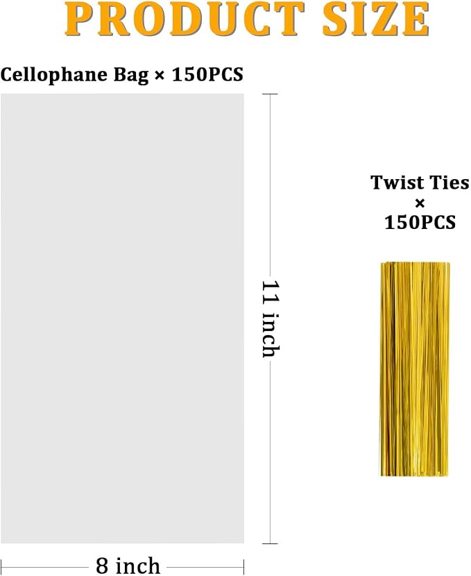 Labeol 150pcs Cellophane Bags 8x11 Treat Bags with Ties Clear Gift Bag Candy Cookie Bag for Packaging Party Favor Goodie Halloween Christmas Valentines Day Gift Wrap