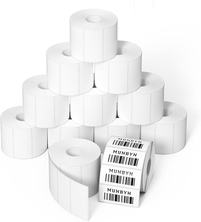 MUNBYN 2x1 Inch Thermal Sticker Labels, Address Barcode Self-Adhesive Label Paper for Direct Thermal Printer, Shipping Mailing Name Rectangle White Stickers, Case of 12 Rolls (12000 Sheets)