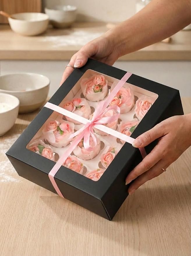 Bakepacker Auto-pop Up Cupcake Boxes with Window Black 40PCS 12 Count Cupcake Box 13"x10"x3.5" Cupcakes Carrier, 12 Cupcake Containers with 2 rolls of pink ribbons