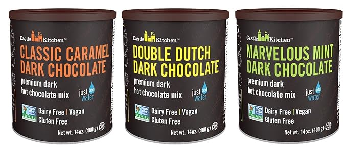 Castle Kitchen Hot Chocolate Mix Variety Pack (42 oz) – Classic Caramel Dark Chocolate and Marvelous Mint Dark Chocolate – Dairy-Free, Vegan, Non-GMO, Kosher Hot Cocoa – Just Add Water – 14 oz Each, Pack of 3