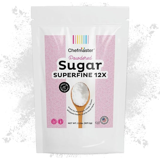 Extra-Fine Powdered Sugar by Chefmaster, 12X Superfine Confectioners Sugar for Silky Icings; Ideal for Macarons, Whipped Cream, Meringue, Fondant & Cake Decorating; Quality Crafted in USA, 2 Lbs