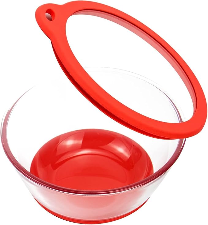 MR. CHOU 1.1QT Glass Cereal Bowl with Lid and Non-Slip Silicone Base - Perfect for Breakfast, Snacks, and Meal Prep - Durable, | Microwave & Dishwasher Safe, Stylish, and Easy to Clean, Red