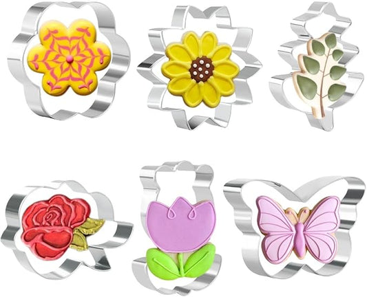 Crethinkaty 6 Pieces Spring Cookie Cutters Set for Baking - Tulips, Leaves, Flowers, Sunflowers, Rose and Butterfly Shape Stainless Steel Biscuit Cutter for Springtime, Easter