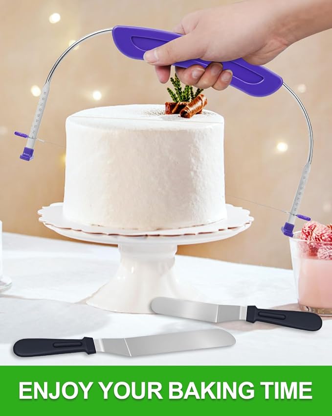 1PCS Purple Adjustable Food Grade Stainless Steel Cake Cutter Slicer Leveler with 2PCS Offset Spatula, Icing Spatulas, 6 and 8 inch, Professional Angled Cake Spatula for Kitchen or Bakery