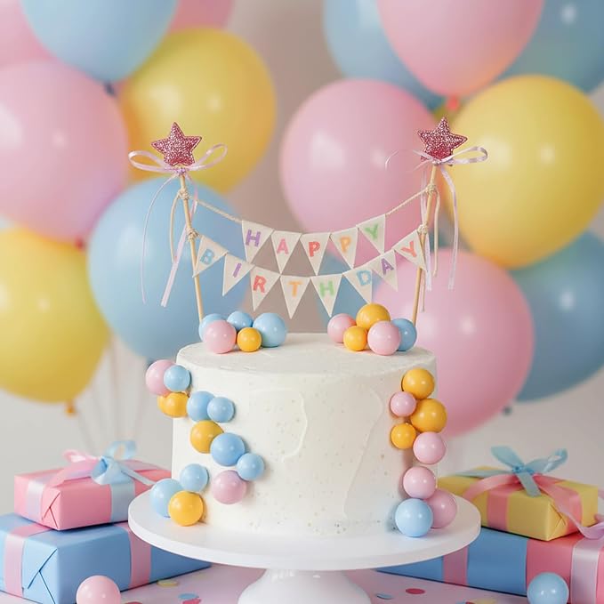 16 Pcs Happy Birthday Cake Topper Cake Bunting Topper Banner with Wood Pole Rainbow Garland with Bow Ribbon Balloon, Mini Cupcake Decor for Birthday Baby Shower (Pink,Blue,Yellow)