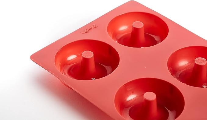 Lékué Platinum Silicone Donut Mold | 6 Non-Stick Holes For Baking - No Grease Needed | Pop-Out Oven Cake Molds | Heat-Resistant, Freezer Safe, Microwave Safe, Dishwasher Safe | Red