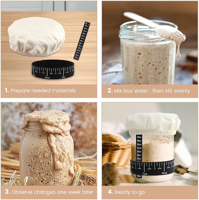 9pcs Sourdough Starter Kit,3 Bread Fermentation Cover 3 Thermometer 3 Feeding Date Band,Sourdough Starter Jars Cloth Covers,Breathable Reusable Sourdough Bread Proofing Cover