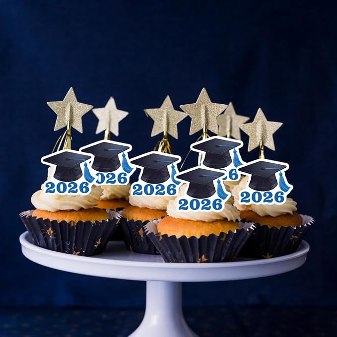 42pcs Edible Graduation Cap Cupcake Toppers Wafer Paper Blue Class of 2026 Cake Decorations Edible Grad Cap Cupcake Picks for 2026 Graduation Theme Party Cake Decor Supplies