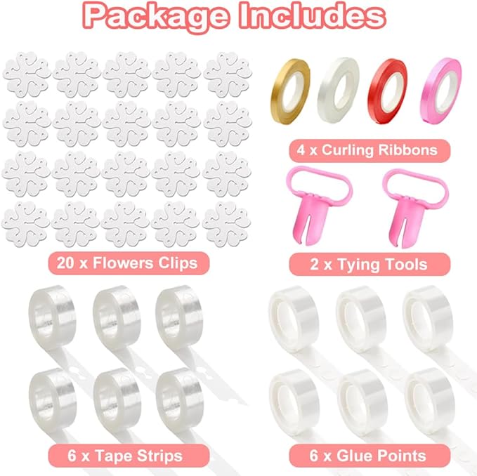 38-in-1 Balloon Arch Garland Kit, 6 Rolls 98ft Tape Strips, 6 Rolls 600 Glue Dots, 20 Flower Clips, 4 Ribbons and 2 Tie Tools for Birthday Wedding Party Decoration