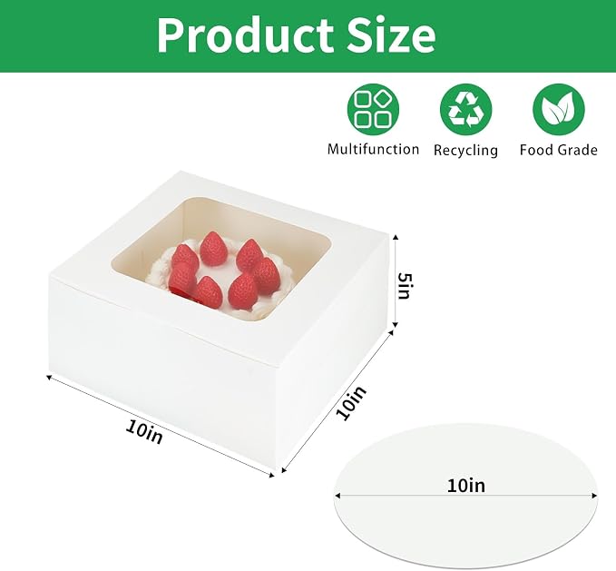 30 Pcs Cake Boxes 10 Inch with Window Clear Bakery Dessert Box Square White Large Disposable Pie Boxes Package for Bake Goods Paper Pastry Packaging Donut Delivery Box