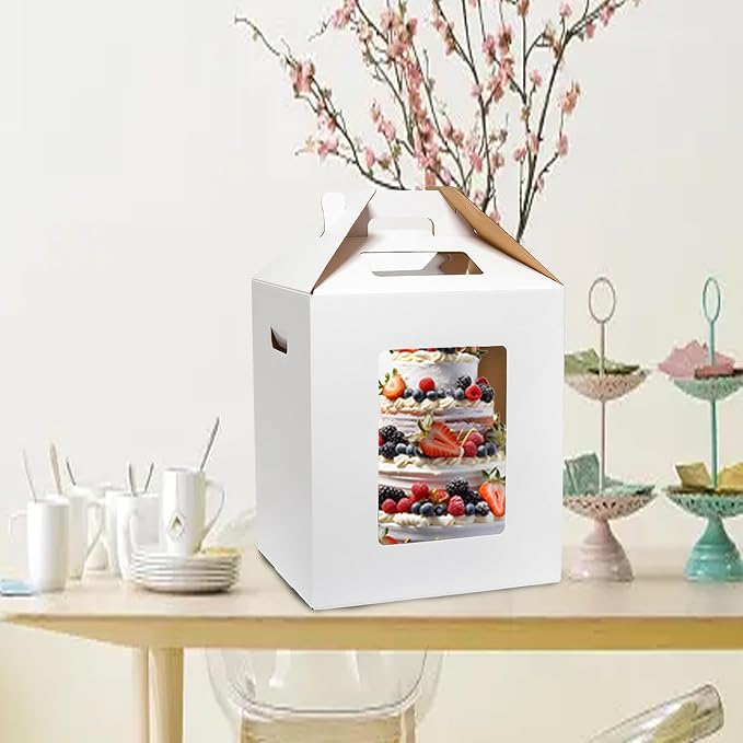 Mcfleet Tall Cake Boxes 4 Pack 10x10x12 for Tier Cakes with Window - 10 Inch Disposable Large Layer Bakery Carrier with Handle - Bakery Safe Transport Box for Wedding, Birthday, Party