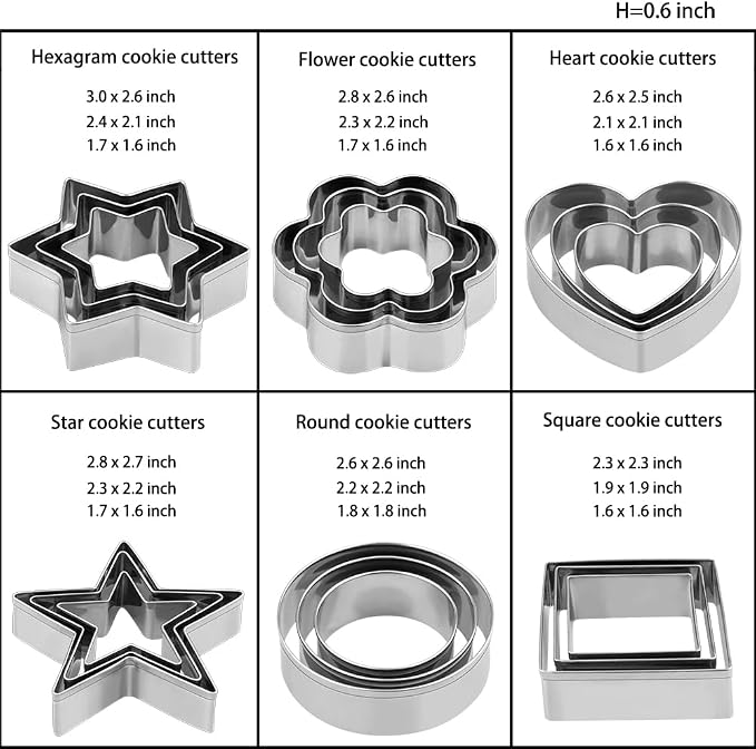 Stainless Steel Cookie Cutters Set, 18 Pieces, Star, Flower, Heart, Circle, Square, Hexagram Shapes