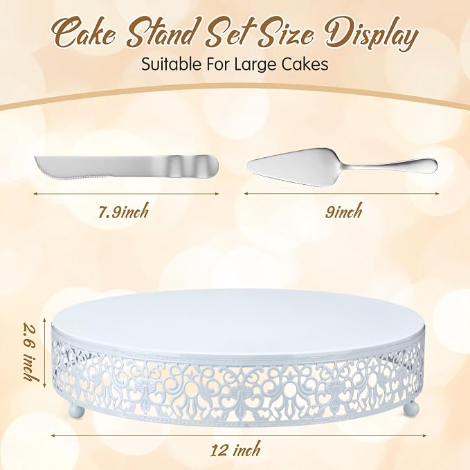 Wenqik 12 Inch White Cake Stand Set Metal Round Cupcake Dessert Stand with Cake Cutting, Spatula Wedding Cupcake Pastry Display Candy Holder Display for Wedding Party Birthday Baby Shower(Classic)
