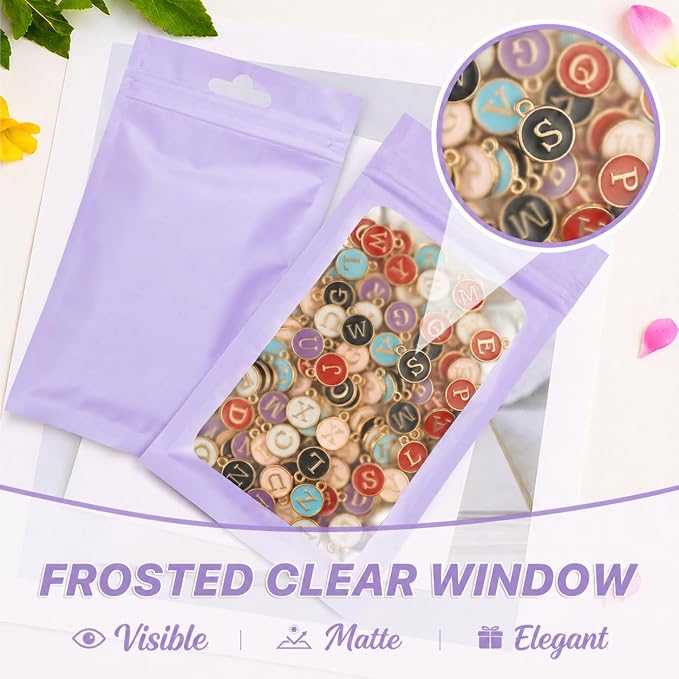 ANZNKU 100 Pack Lavender Purple Resealable Mylar Bags with Frosted Clear Window 6.29x9.44", Smell Proof Foil Pouch Bag forJewelry Candy Storage Supplies, Sealable Packaging Bags for Small Business