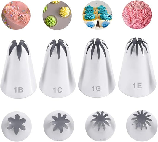 Large Piping Tips Set 1B 1C 1E 1G,Drop Flower Icing Tips for Star,Shell,Swirl,Rosette,Cake & Cupcake Decorating,Closed Star,4 Pcs