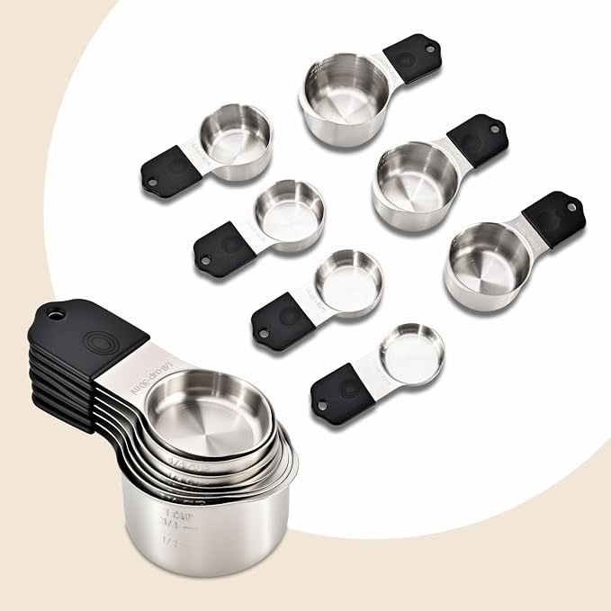 16-Piece Magnetic Measuring Cups and Spoons Set, Stainless Steel with Non-Slip Silicone Handles and Leveler, Essential Kitchen Baking Tools (Black)