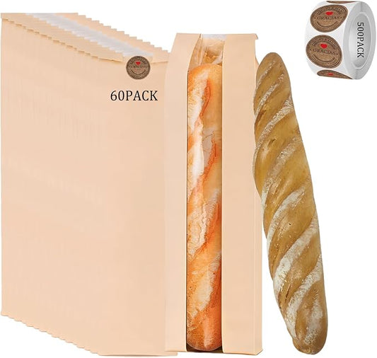 Bread Bags for Homemade Bread with 500 Labels, 60-Pack 4.5 x 2.5 x 16 Inch Paper Bags for Bread with Clear Window, Bakery Gift Packaging for Baguette, Sourdough Storage