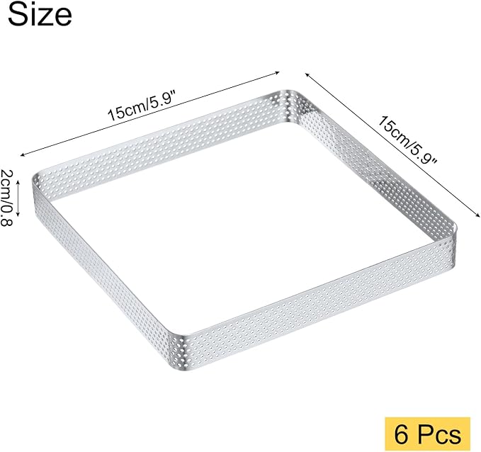 uxcell Square Perforated Cake Rings 5.9 x 5.9 Inch Stainless Steel Cake Pastry Mousse Ring Molds for DIY Cake Dessert Mousse Pastries Baking, Silver Tone