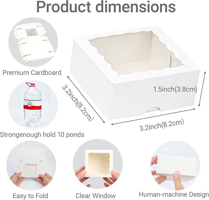50PCS 3¼" x 3 ¼" x 1 ½" ChocolateTruffle Boxes for 4,Cookies Boxes Soap BoxesTreat Boxes Donut Boxes Macaron Boxes Mini Bakery Boxes Small gift boxes with Window Brownie Box