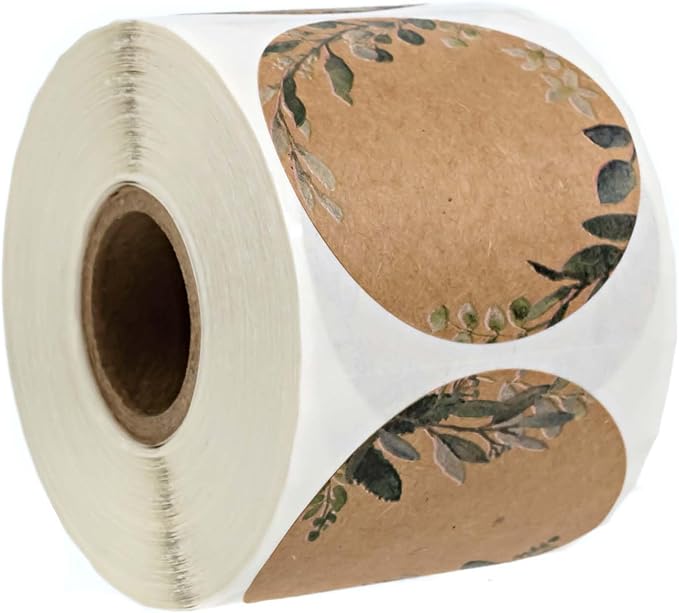Brown Kraft Greenery Border Stickers / 500 Canning Labels / 2" Round Jar Sticker / 6 Floral Foliage Designs with Writing Space/Made in The USA