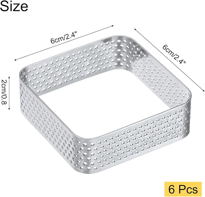 uxcell 6pcs Square Perforated Cake Rings 2.4 x 2.4 Inch Stainless Steel Cake Pastry Mousse Ring Molds for DIY Cake Dessert Mousse Pastries Baking, Silver Tone