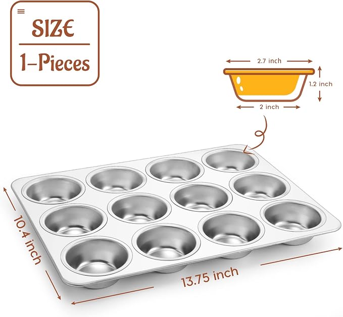 P&P CHEF Muffin Pan Cupcake Baking Pan Set, Stainless Steel Muffin Tin Tray for Mini Cake Tart Quiche, Oven & Dishwasher Safe, Non-toxic & Heavy-duty, (12 Cup, 1Pc)