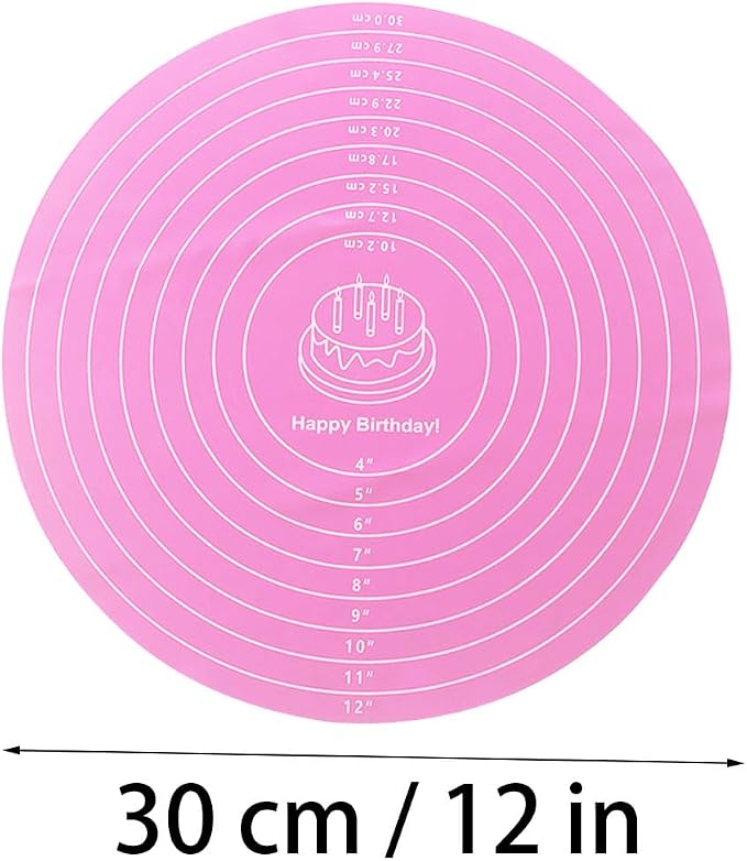 2-Pack 12 Inch Blue and Pink Silicone Baking Pad, Round Cake Decorating Mat for Rotating Stand, Non-Stick Fondant Work Surface, Washable Pastry Sheet for Bread Pizza Dough